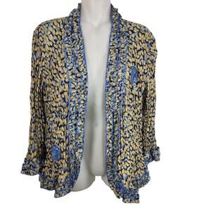 Vtg Piano Womens Cardigan Open Front Blue Tan Ruffle Rosette Beaded 3/4 Sleeve M